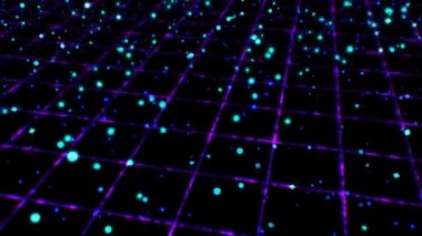 Dinamik Akan Parçacık Dalgaları Parlayan Retro 80 'lerin Üzerinde Neon Şebeke - 4k Kusursuz Döngüsüz Döngü Hareketi Arkaplan Canlandırması