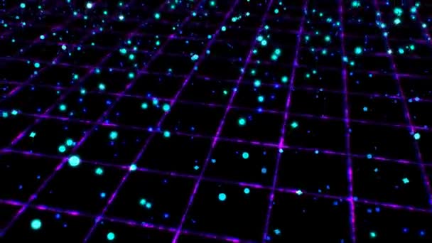 Ondas dinámicas de partículas que fluyen por encima de la rejilla de neón retro brillante de los años 80 - Animación de fondo de movimiento de bucle inconsútil 4K — Vídeos de Stock