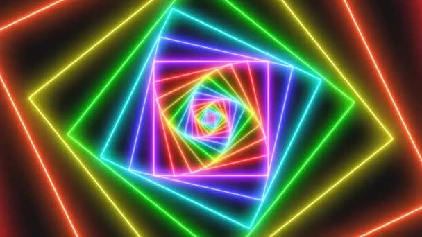 Fly through Futuristic Neon Glow Rainbow Tunnel Perspective Lights - 4k Seamless Loop Motion Háttér Animáció — Stock videók