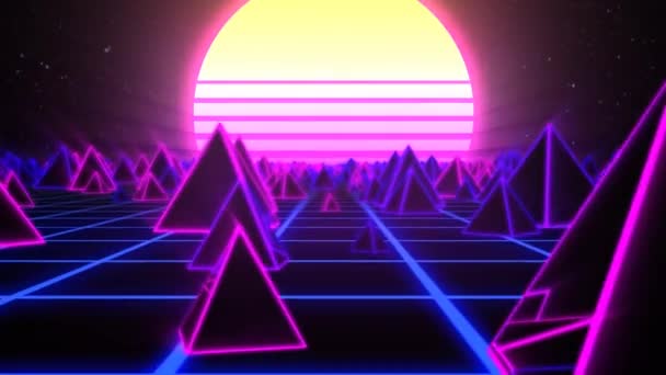 Retro pyramidy na 80. letech Synthwave neonové krajiny se zářícím sluncem - 4k bezešvé smyčky pohybu na pozadí animace — Stock video