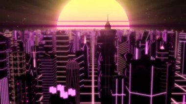 80 'lerin Retro Sun' u ile Neon City 'den Uç Sentetik Binalar - 4K Kusursuz Döngü Hareketi Arkaplan Canlandırması