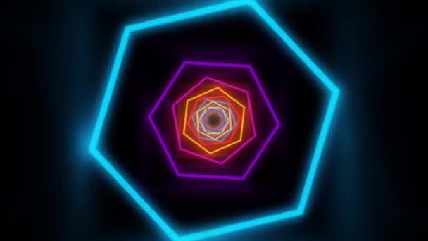 Flyg i rörlig Hexagon Rainbow Glödande Neon Lights Tunnel korridor - 4K Seamless Loop Motion Bakgrund Animation — Stockvideo