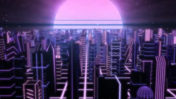 Voler au-dessus de Neon City Outrun Bâtiments Synthwave avec 80 Rétro Soleil - 4K Seamless Loop Motion Animation arrière-plan — Video