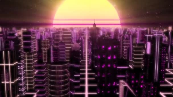 Volare attraverso Neon City Outrun Synthwave Edifici con 80s Retro Sun - 4K Seamless Loop Animazione di sfondo — Video Stock