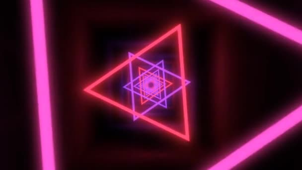 Fly through Ultraviolet Glowing Neon Triangle Black Light Tunnel - 4K Seamless Loop Motion Background Animation — Stock video