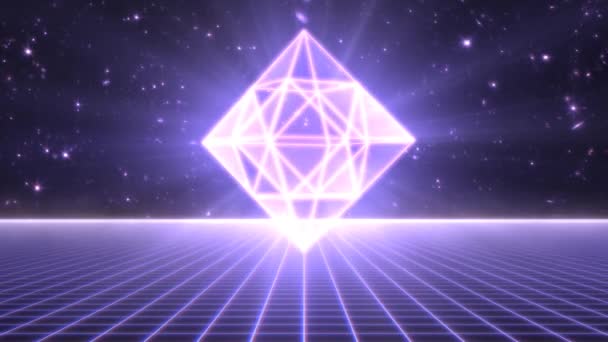 Futuristische Synthwave Neon Geometrische 3D Vorm Drijvend Meer dan 80s Grid - 4K Naadloze lus Beweging Achtergrond Animatie — Stockvideo