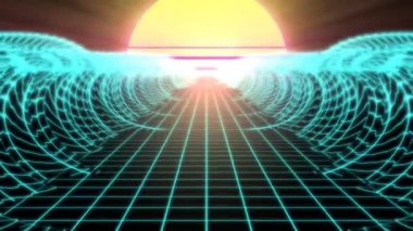 Synthwave Retro Kablo Ağı Ağ Ağı Okyanus Gelgit Dalgaları ve 80 'lerin Güneşi - 4K Kusursuz Döngüsüz Döngü Arkaplan Animasyonu