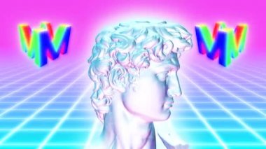 80 'lerin Neon Parlak Şebekesi üzerindeki Buhar Dalgası Estetik Heykeli Dönen Logo - 4K Kusursuz Döngüsüz Döngü Arkaplan Animasyonu