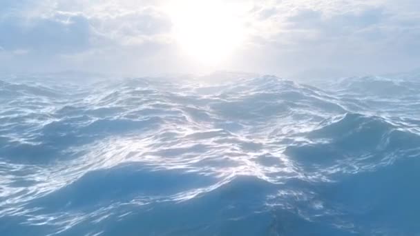 Luz solar reflejando las olas del océano profundo con el sol en el cielo nublado - Animación de fondo de movimiento de bucle sin costuras 4K — Vídeo de stock