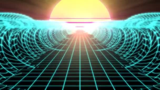 合成波复古线框网状网状海洋潮汐波与80年代太阳- 4K无缝隙环线运动背景动画 — 图库视频影像