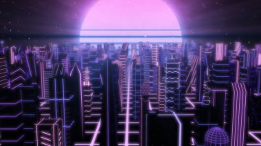 80 'lerin Retro Sun' ına sahip Neon City Sentetik Binaları Üstünden Uç - Soyut Arkaplan Dokusu