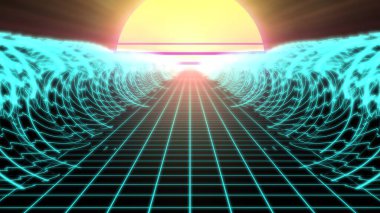 Synthwave Retro Kablo Ağı Ağ Ağı Okyanus Gelgit Dalgaları ve 80 'lerin Güneşi - Soyut Arkaplan Dokusu