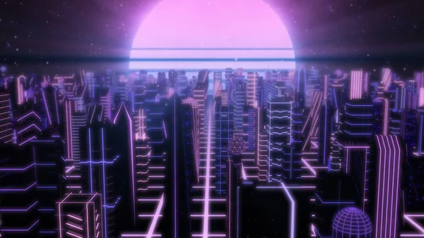 Überfliegen Sie Neon City Outrun Synthwave-Gebäude mit 80er Retro Sun - Abstrakte Hintergrundtextur — Stockfoto