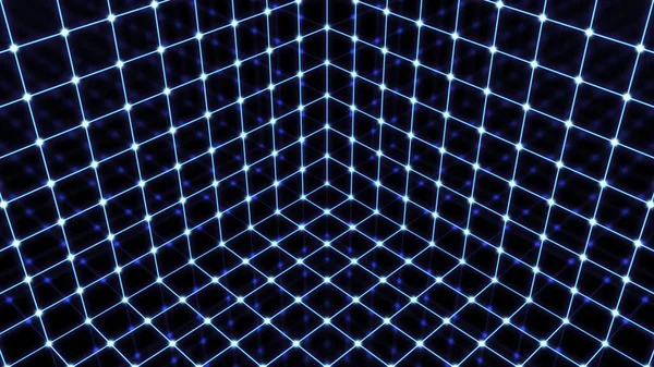 Dentro Synthwave incandescente retrò Wireframe rotante Neon Cube Grid - Astratto sfondo Texture — Foto Stock