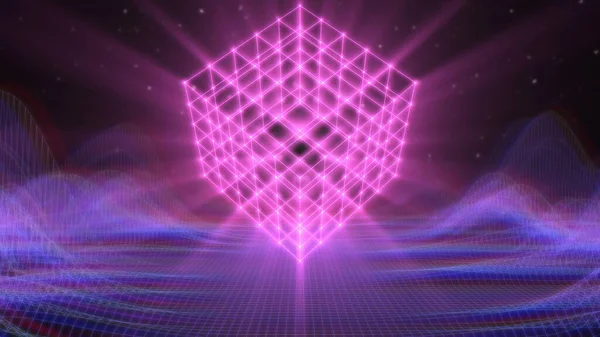Retro Synthwave 3D Laser Wireframe Cube, вращающийся над 80-й Neon Grid - абстрактная текстура фона — стоковое фото