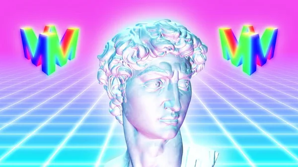 Vaporwave Esthetisch Standbeeld op 80s Neon Glow Grid met draaiend logo - Abstracte achtergrond textuur — Stockfoto