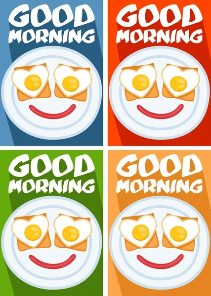 Huevo en tostadas como una cara buena mañana cartel conjunto — Vector de stock