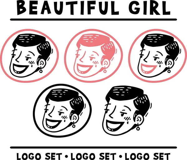美しい女の子笑顔顔ロゴ設定 — ストックベクタ