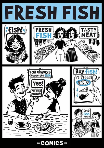 Quadrinhos em preto e branco sobre pessoas e peixes — Vetor de Stock