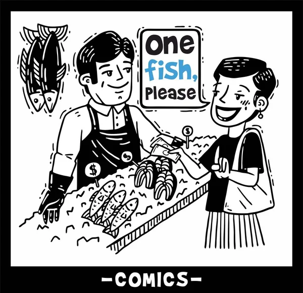 Menina compra quadrinhos de peixe — Vetor de Stock