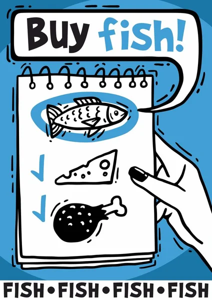 Épicerie dans un carnet acheter poisson bande dessinée affiche bleue — Image vectorielle