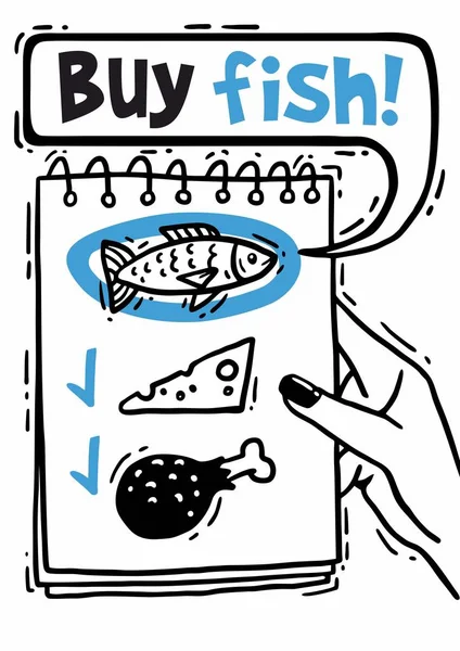 Épicerie liste dans un carnet acheter poisson bandes dessinées bleu — Image vectorielle