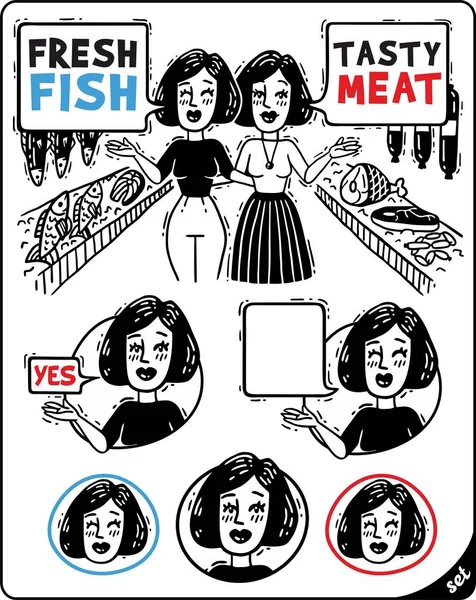 Duas mulheres falando e mostrar o conjunto de quadrinhos de carne e peixe — Vetor de Stock