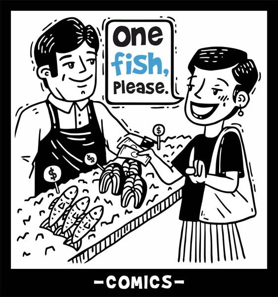 Femme achète poisson dans la boutique une bande dessinée — Image vectorielle