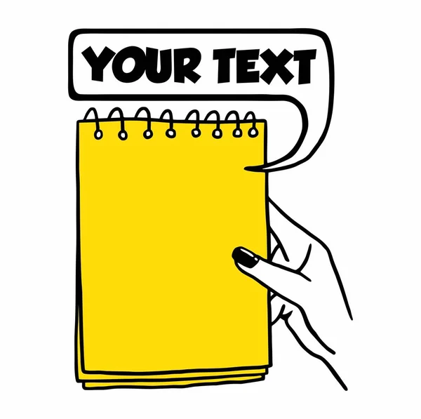 Gelbes Notizbuch in der Hand Zeichenlinie — Stockvektor