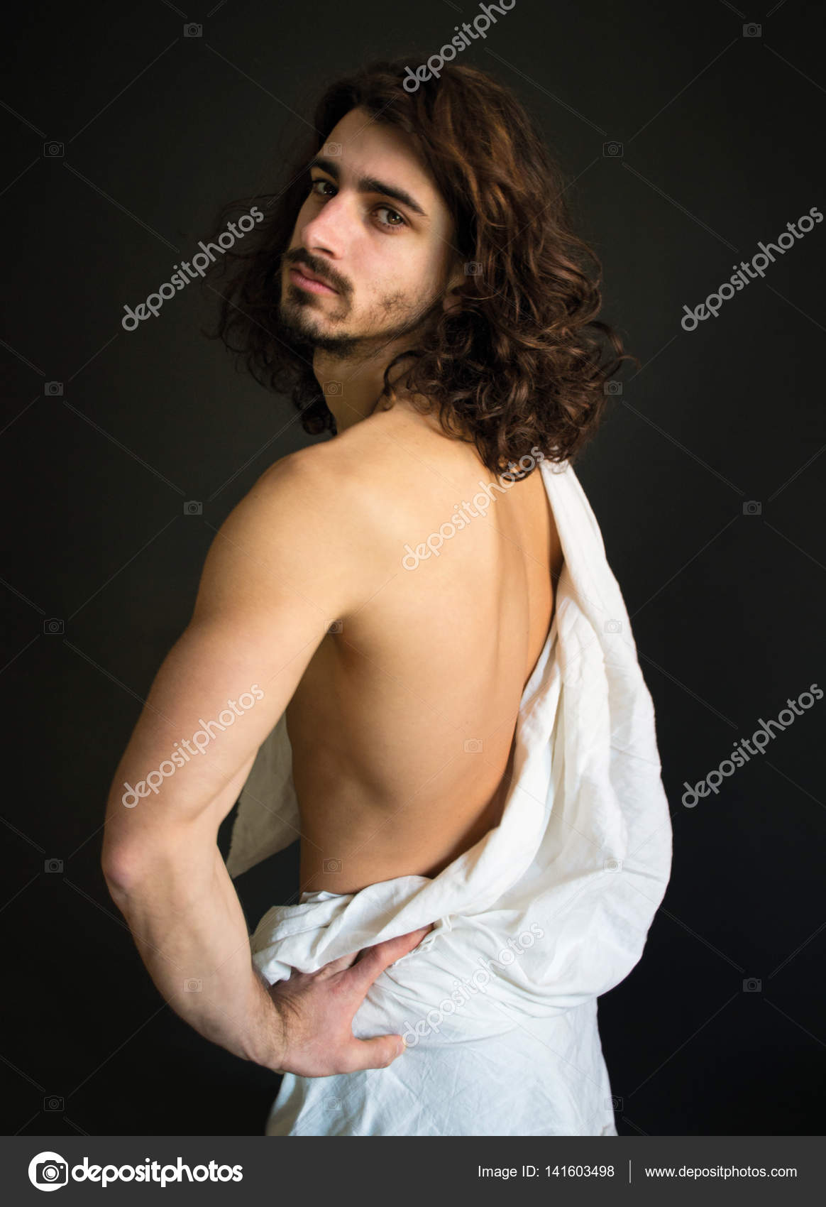 Photo Half Naked Handsome Guy With Long Curly Hair With White