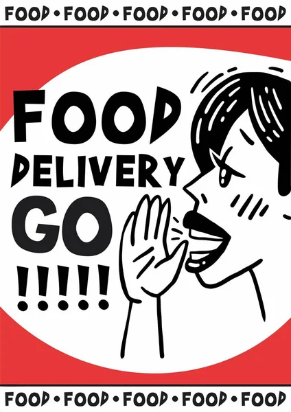 Food delivery go woman screaming black and white poster — Stock Vector