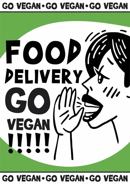 Cara menina gritando entrega de alimentos ir cartaz vegan —  Vetores de Stock