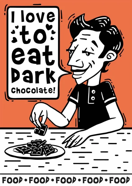 Eu amo comer chocolate escuro preto e branco quadrinhos cartaz — Vetor de Stock