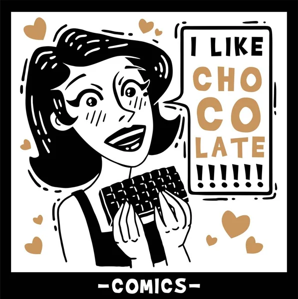 Όμορφη κοπέλα λέει μου αρέσει σοκολάτα κόμικς — Διανυσματικό Αρχείο