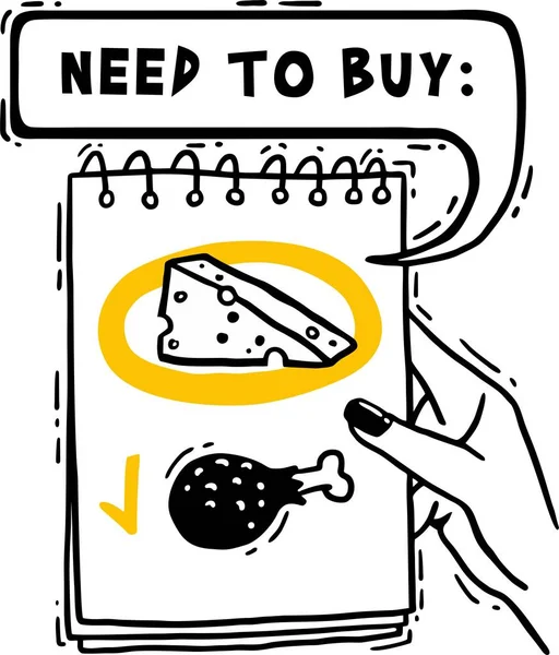 Vásárlás sajt egyszerű képet egy notebook a kezében — Stock Vector