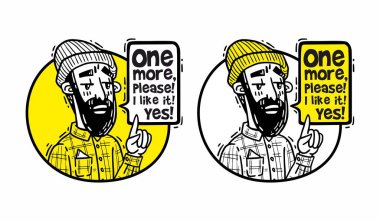 Şapkalı sakallı hippi puan parmak ve bir söylüyor daha sarı küme lütfen