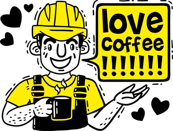 a man in a protective helmet holds a cup in his hand love coffee