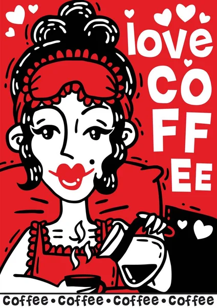 Komiska affisch vacker kvinna dricker sitt morgonkaffe i sängen — Stock vektor