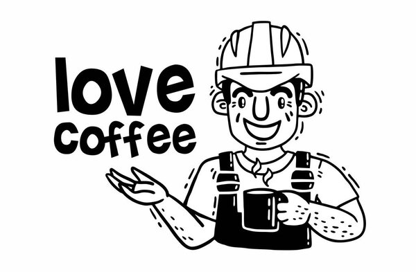 Man in protective helmet with a cup in his hand love coffee