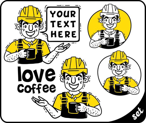 Рабочий в защитном шлеме с чашкой кофе желтого набора
