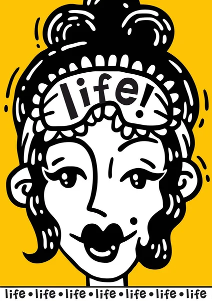 Cartaz amarelo retrato de mulher bonita com bandagem para a vida do sono —  Vetores de Stock