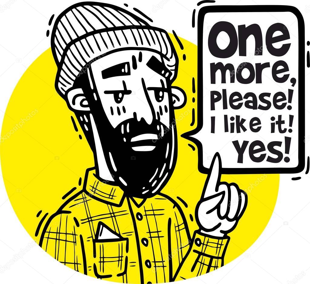 Portrait of a bearded hipster pointing a finger up and saying one more please yellow