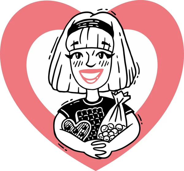Chica sosteniendo un montón de dulces corazón — Vector de stock