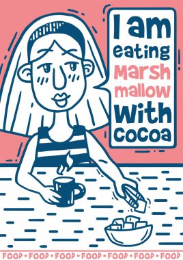 çizgi roman poster marshmallow kakao ile yemek