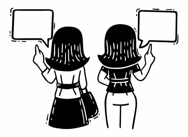 Schwarz-Weiß-Comics zwei Frauen, die mit dem Finger nach oben zeigen und nach Text reden — Stockvektor