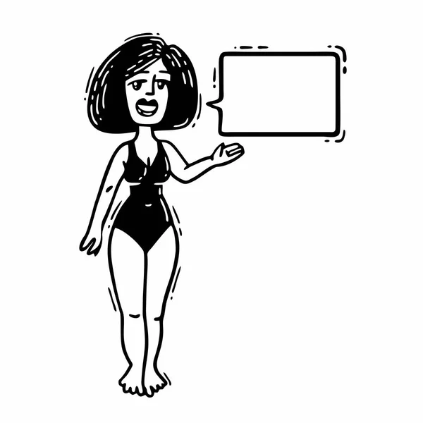 Schwarz-weiße Comic-Frau im Badeanzug spricht — Stockvektor