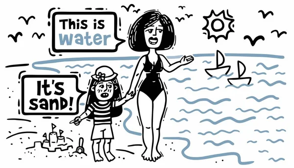 Комікси мама з дитиною на пляжі дивиться на воду і пісок — стоковий вектор