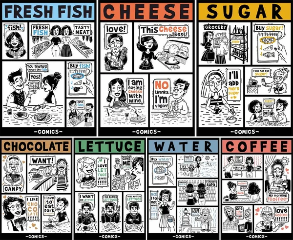 Comics Huge set People and food — Stock Vector