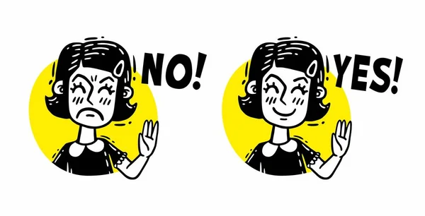 Fumetti schizzo bambina dice di no e sì — Vettoriale Stock