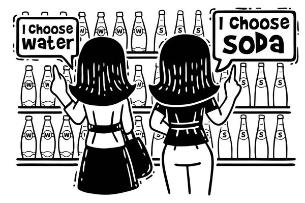 Comics Two women in the store choose water and soda